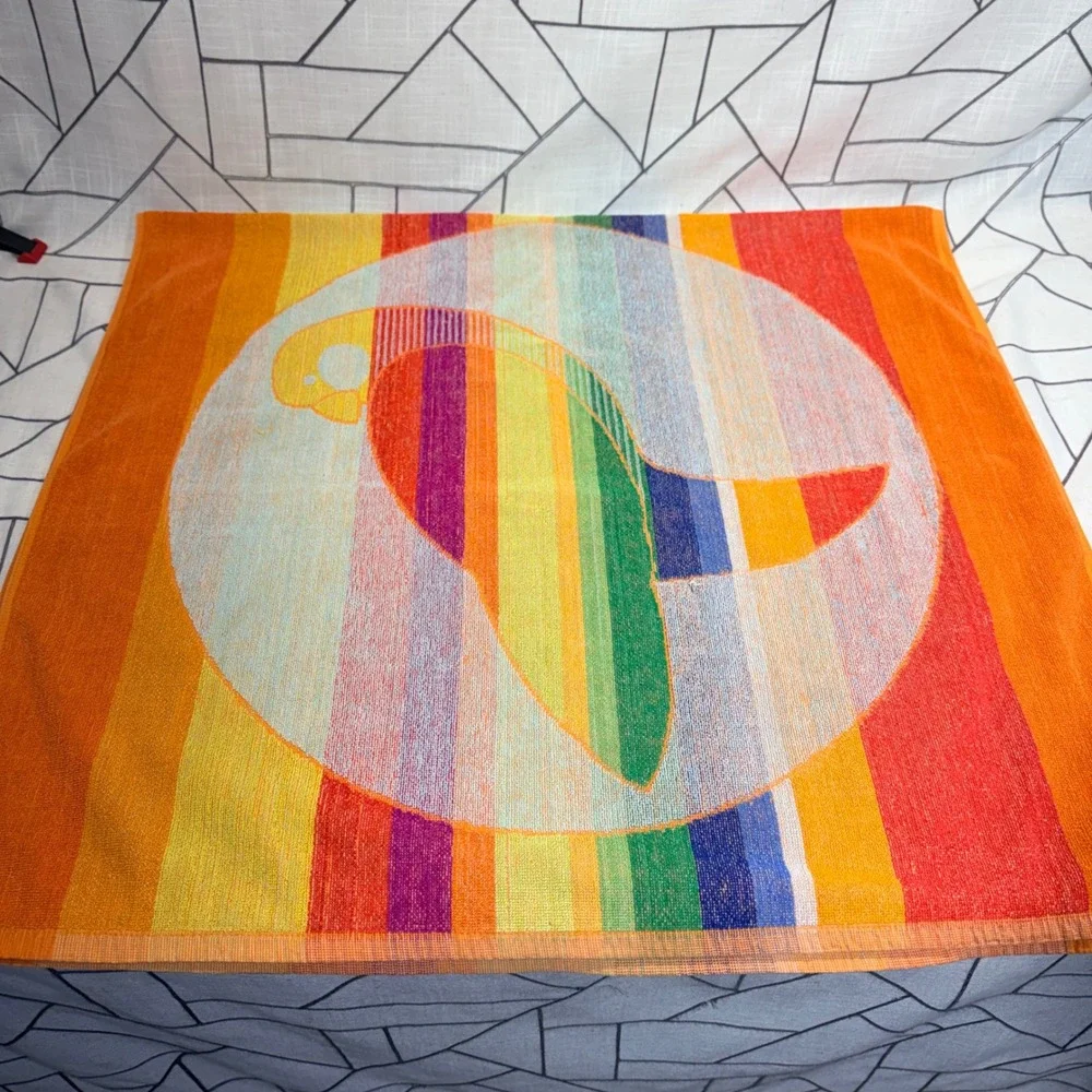 Beach Towel 30x54 Orange Vintage Rainbow Parrot Striped Cotton